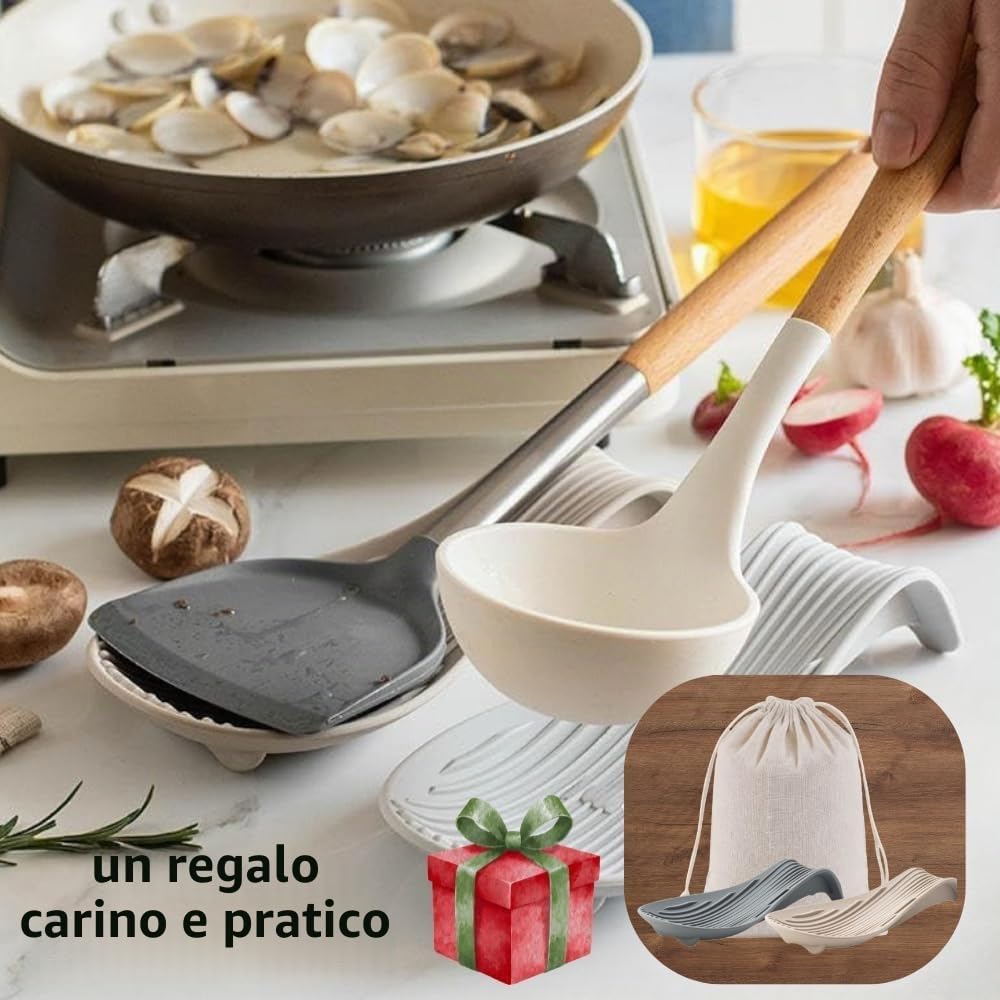 Poggia Cucchiai da Cucina – Poggiamestolo in Silicone Set da 2 Grigio e Beige – Resistente al Calore, Antiscivolo e Antigoccia – Supporto per Cucchiai – Spoon Rest