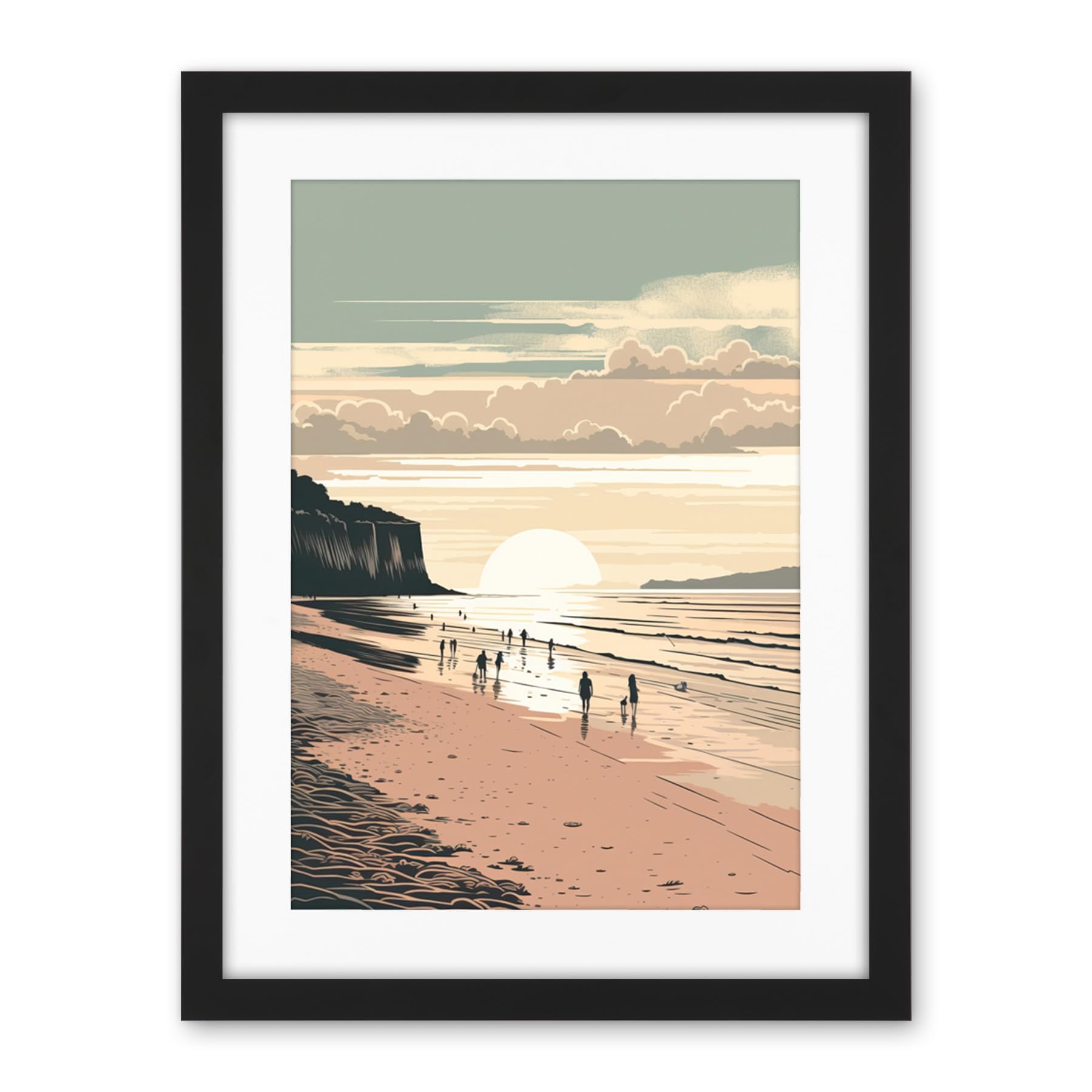 Artery8 Dog Walks on the Beach Sunset Coastal Landscape Artwork Framed Wall Art Print 18X24 Inch