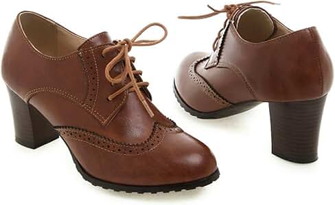 Britische Damen Pumps mit hohem Blockabsatz und Laubsägenmuster grün-grau runde Zehenpartie Brogues Kleid Bürodame Oxfords Retro adrette Schnürschuhe Derby-Braun-34