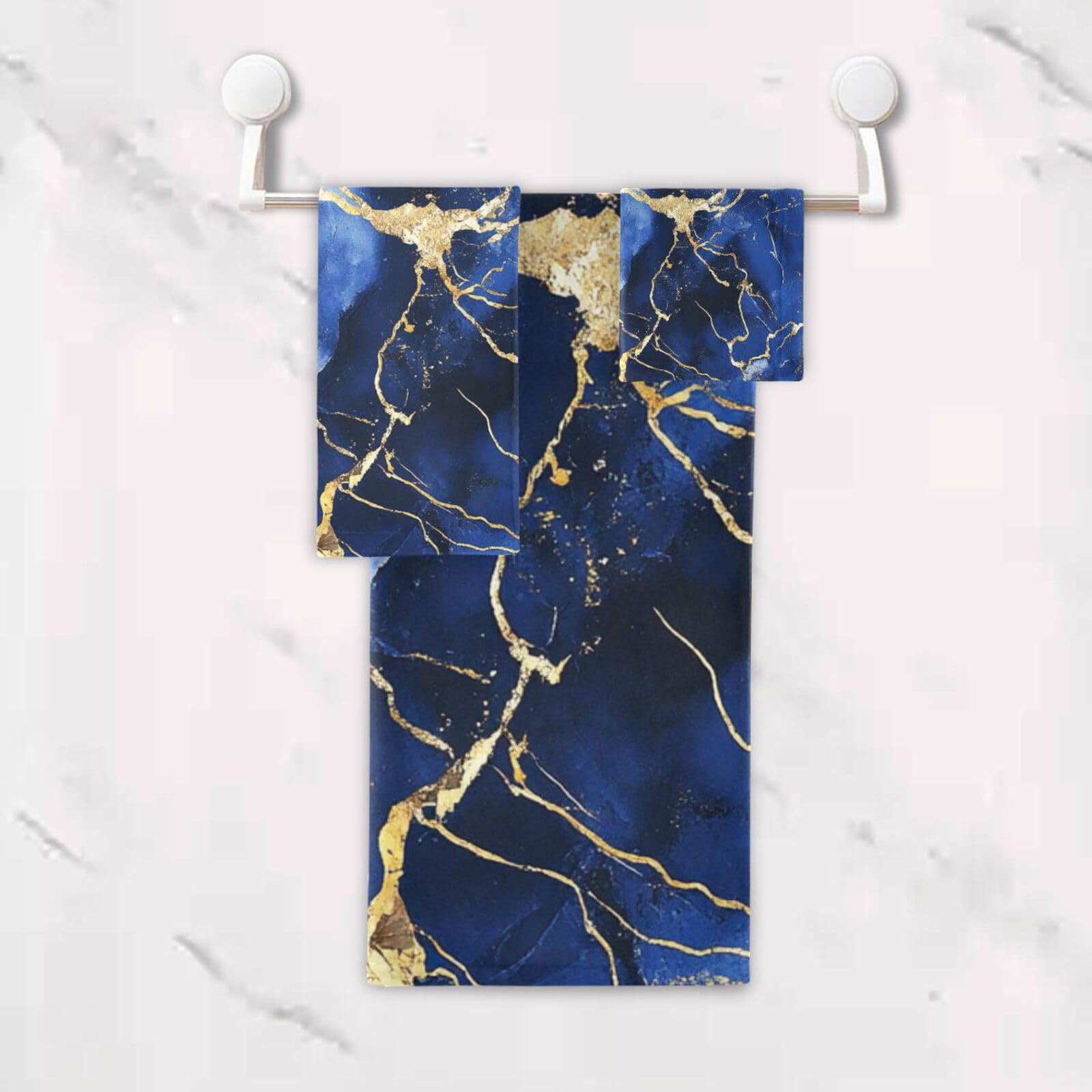 Set di 3 asciugamani per il viso morbidi con texture marmorizzata blu oro irregolare, 1 asciugamano da bagno, 1 asciugamano per le mani, 1 panno per la casa, cucina e famiglia