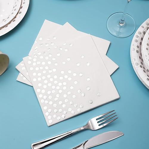 Miniatura 7 de Platos y servilletas de papel plateado, platos de plata desechables, platos de fiesta plateados para 24, 168 piezas de decoraciones de fiesta