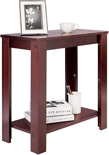 Miniatura 14 de Giantex Juego de 2 mesas auxiliares estrechas de 2 niveles con estante de almacenamiento abierto, mesa de noche de madera retro para espacios