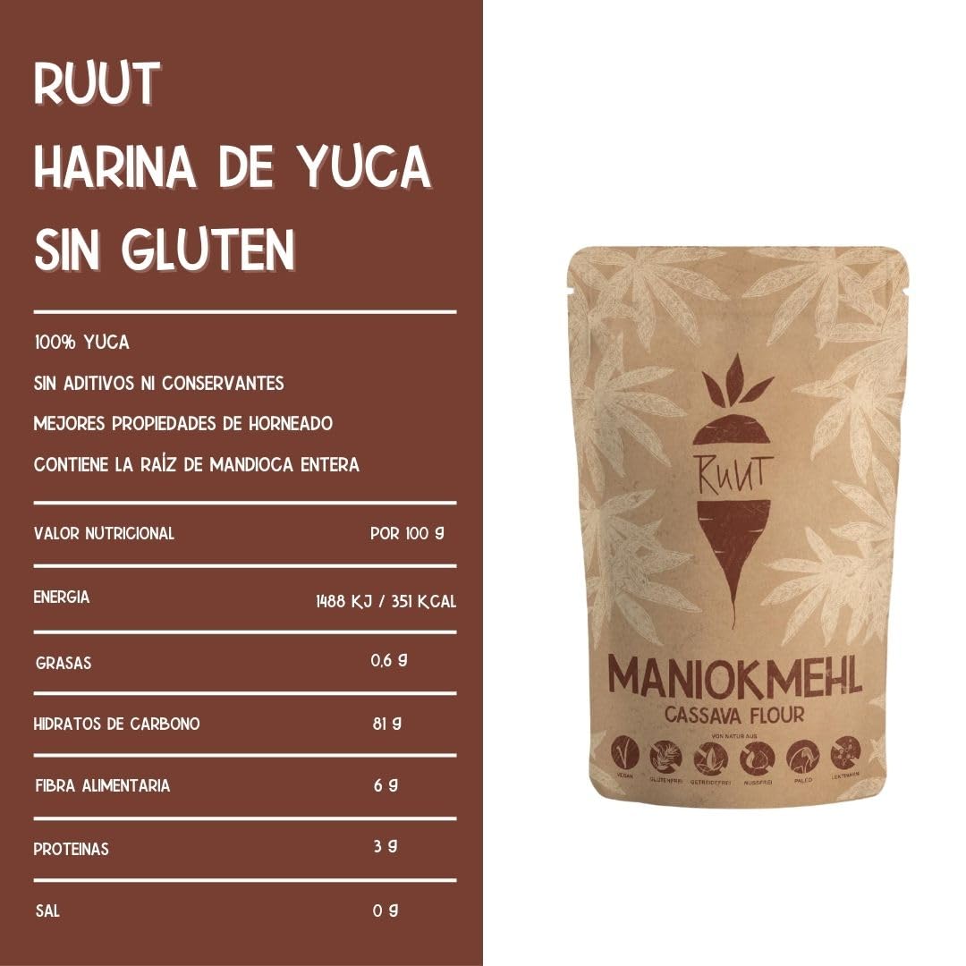 Ruut Harina de Yuca Totalmente Natural - Paleo, Vegetariana, Protocolo AIP, Dieta FODMAP - Harina sin Gluten - Harina de Pan Sana sin Frutos Secos, Cereales ni Aditivos - Harina sin Gluten 1000 g
