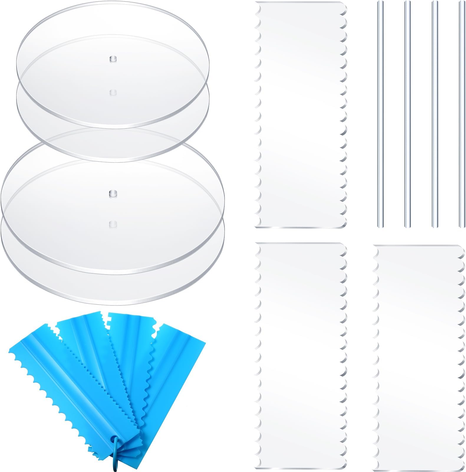 15 Pieces Acrylic Cake Discs Scrapers Set Cake Turntable for Decorating with 4 Acrylic Plates 7 Icing Scrapers and 4 Dowel Rods for Icing Cakes Serving Baking Art Craft Project (6.5 inch and 8.5 inch)