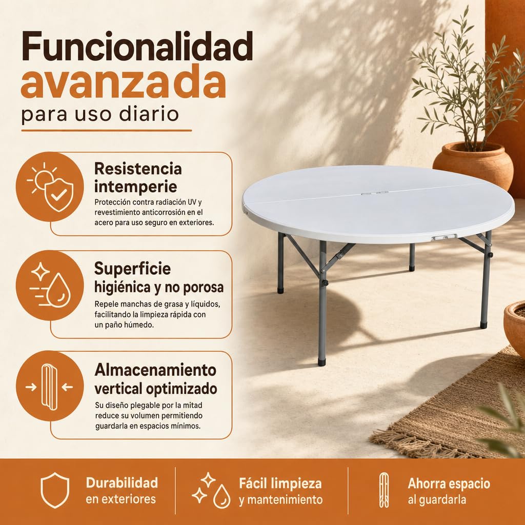 Mesa Redonda Plegable portátil para Eventos, reuniones Familiares y Catering en Interiores o Exteriores.