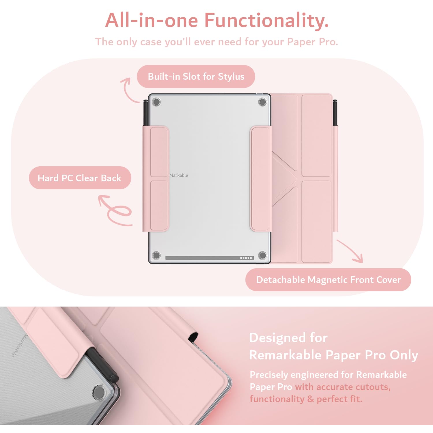 TUDIA M-FLIP Detachable Clear Magnetic Case for reMarkable Paper Pro 11.8" - Slim Transparent Cover with [Auto Wake/Sleep] Strong Magnetic Closure, Foldable Stand & Built-In Stylus Slot (Pink) - 2