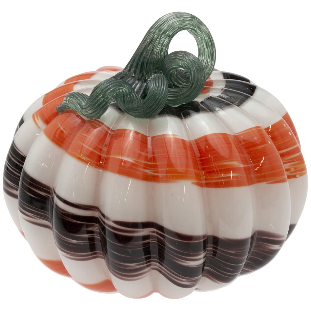 Boston International Glass Pumpkin Fall Autumn Harvest Thanksgiving Tabletop Decorations Hand Blown Glass, Small, Autumn Swirl