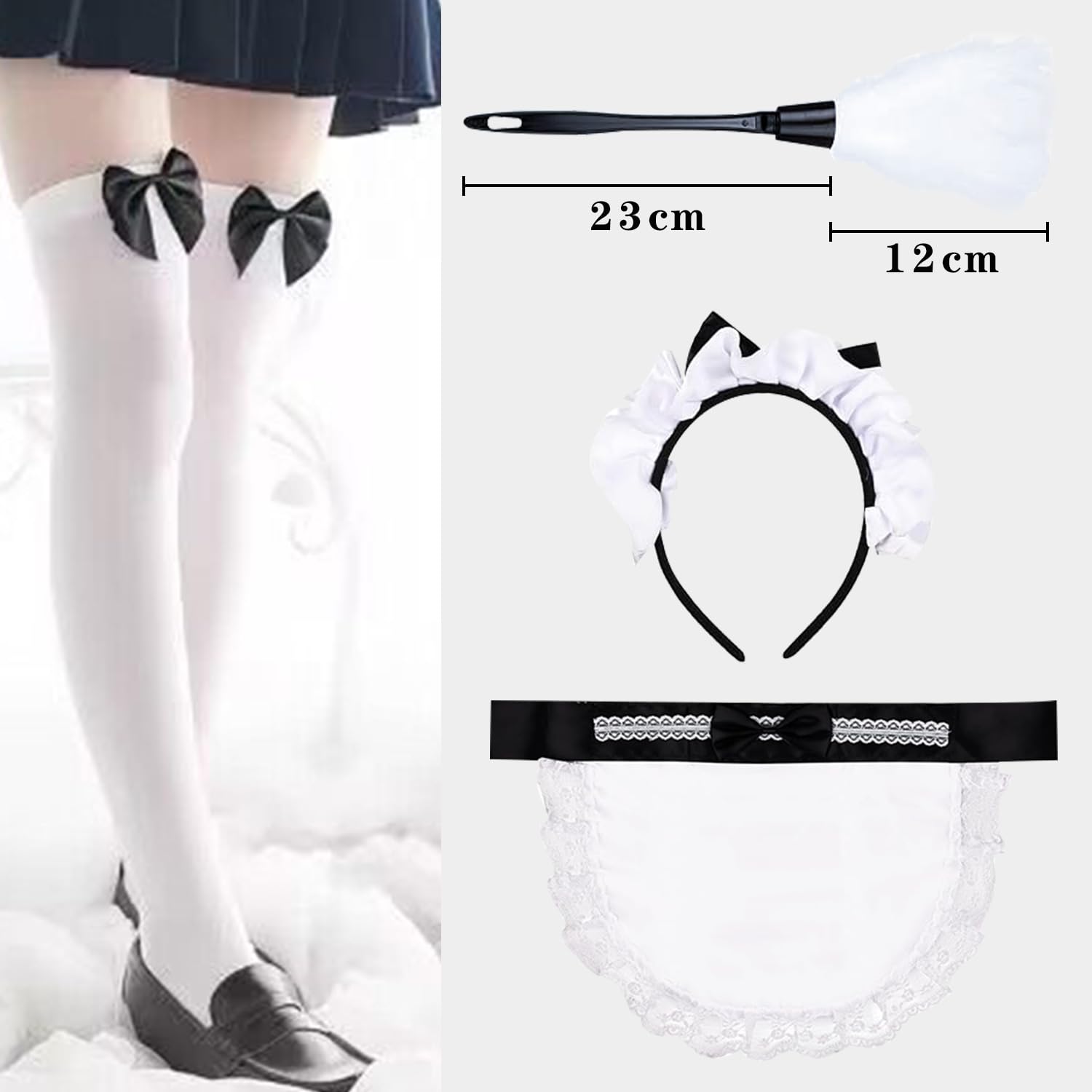 BORFUE 4Pcs Maid Dress Cosplay Set Maid Costume Headwear Maid Feather Cleaner Tool Maid Apron Socks for Halloween Christmas Cosplay - Image 2