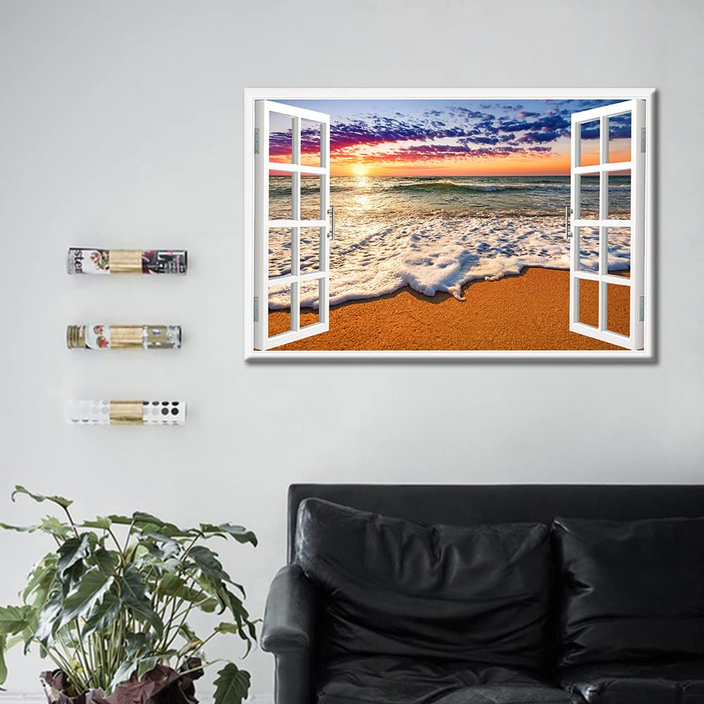 3D Open Wooden Window View Canvas Wall Art Tropical Beach Sunset Picture for Living Room Kitchen or Bedroom Modern Art wall Decor Seascape Ready to Hang(16x24in) - Image 3