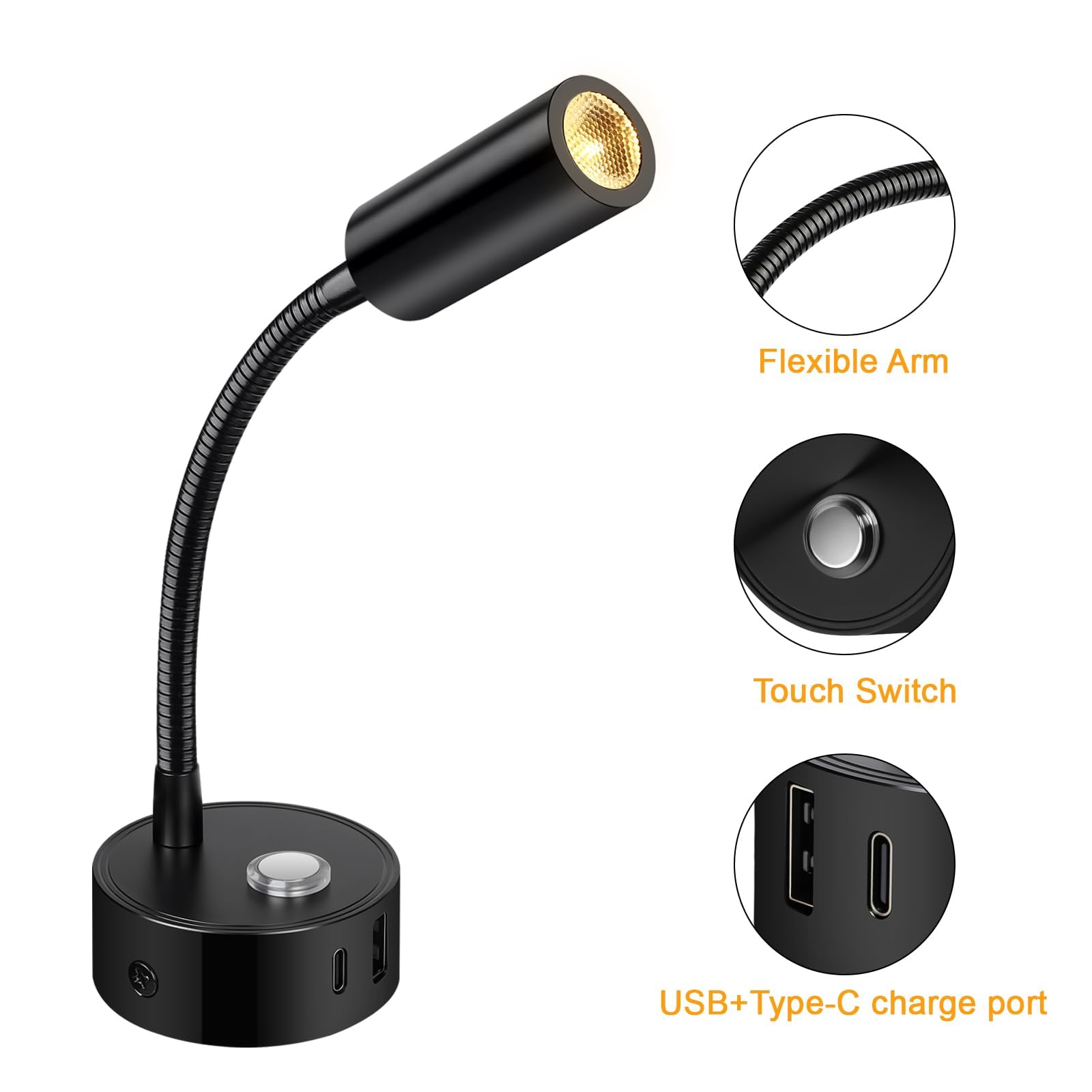 ERWEY 2 Częściowa Lampka do Czytania LED 12V do Kempingowych, ściemniana Dotykowo 3000K-6000K Regulacją Jasności, Nocna Gęsiej Szyi 360° Złączami USB A + C Oświetlenia Wnętrza łodzi Przyczep, Czarna