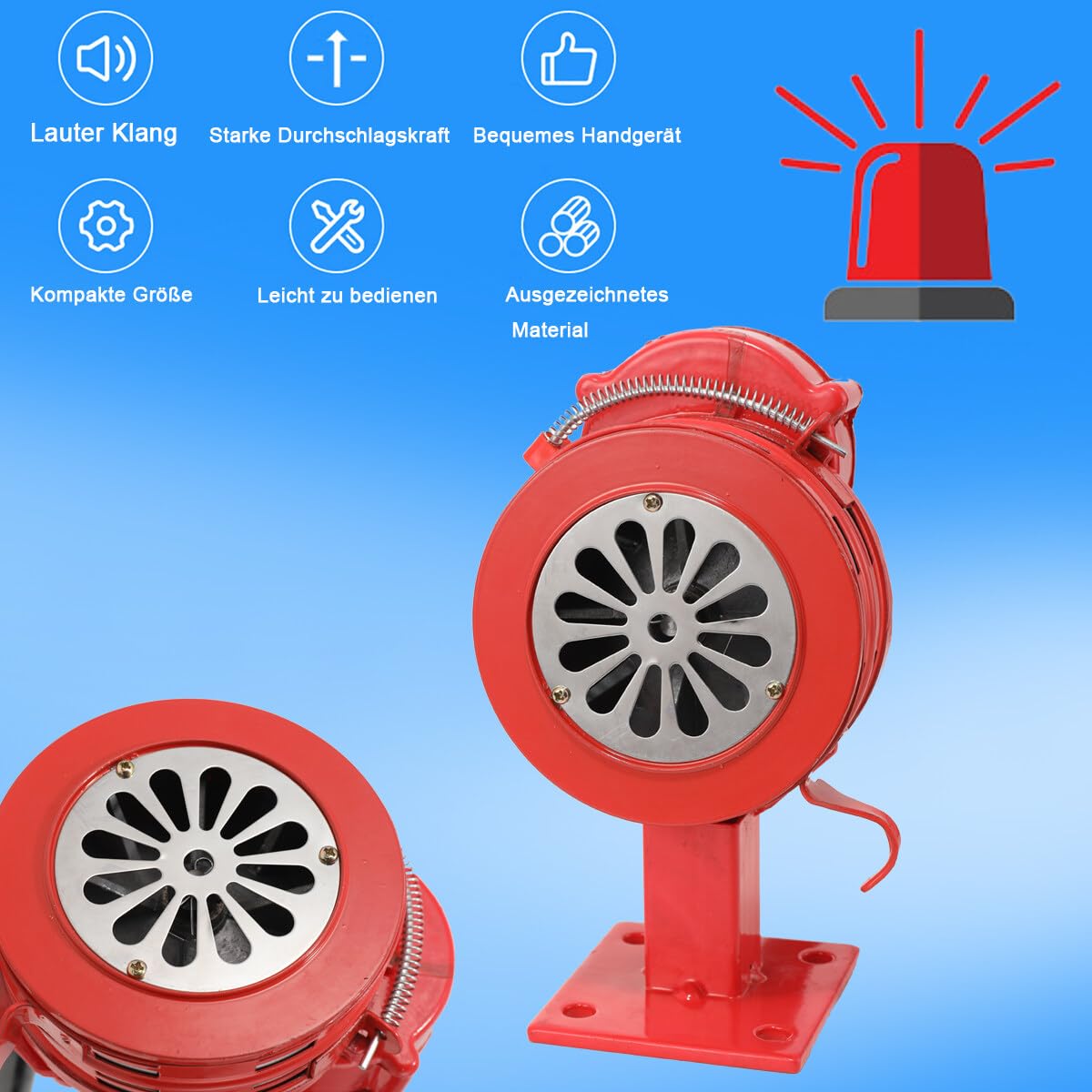 110 ± 2db Handsirene Aluminiumgehäuse Sirene Alarmsirene Handkurbel Luftangriffssirene, Selbstschutz-Notsirene, LK-100A betriebenes Sirenenhorn für Industrie, Bauwesen, Fabriken mit Basis Rot