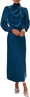 Womens Mock Neck Satin Dress 2025 Summer Spring Long Sleeve High Waist Wedding Party Maxi Formal Cocktail Dresses - Buy now