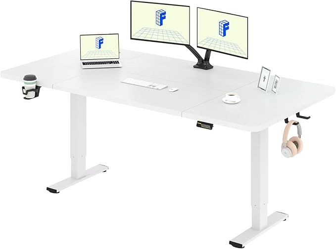 FLEXISPOT Elevated Desk with Table Top 160 x 75 Electric Lift Table Standing Desk, Height Adjustable Desk with 4 Control with Memory/Hook/Bottle Holder (White)