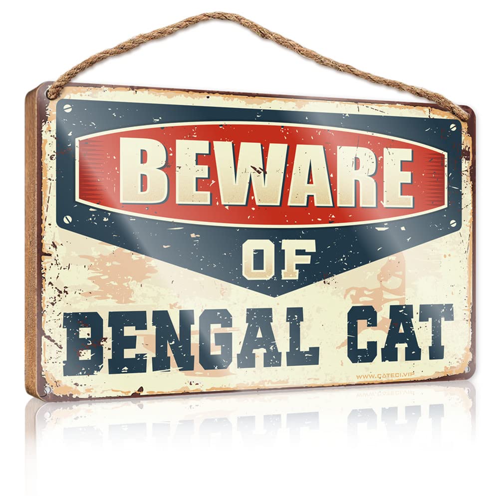 FZFN Spring Porch Sign Beware Of Bengal Cat Wooden Sign Restroom Decor Welcome Sign For Front Porch Standi(15X28CM)