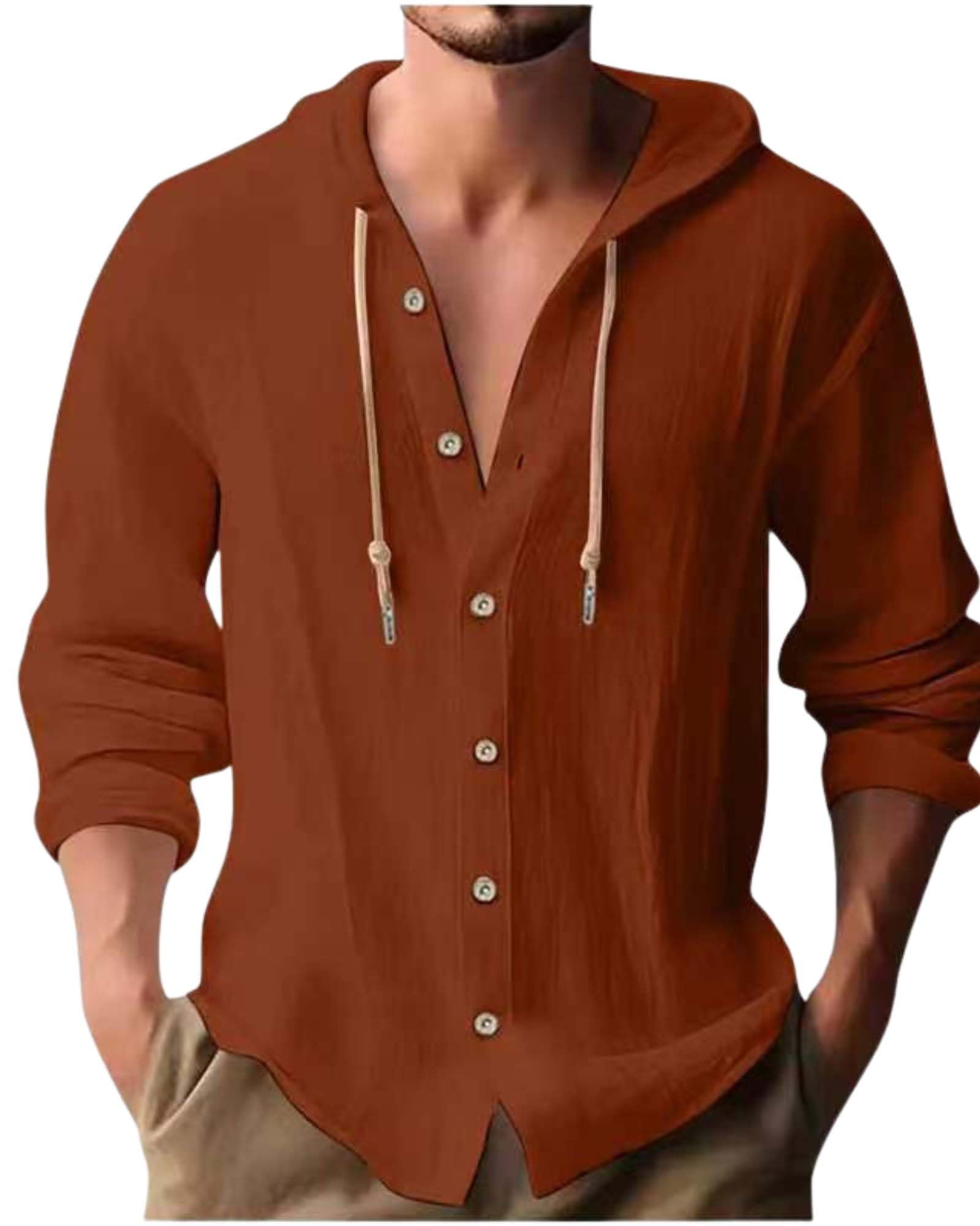 Cotton Linen Hoodie for Mens Summer Casual Long Sleeve Solid Button Down Hawaiian Beach Shirt Tops with Hood