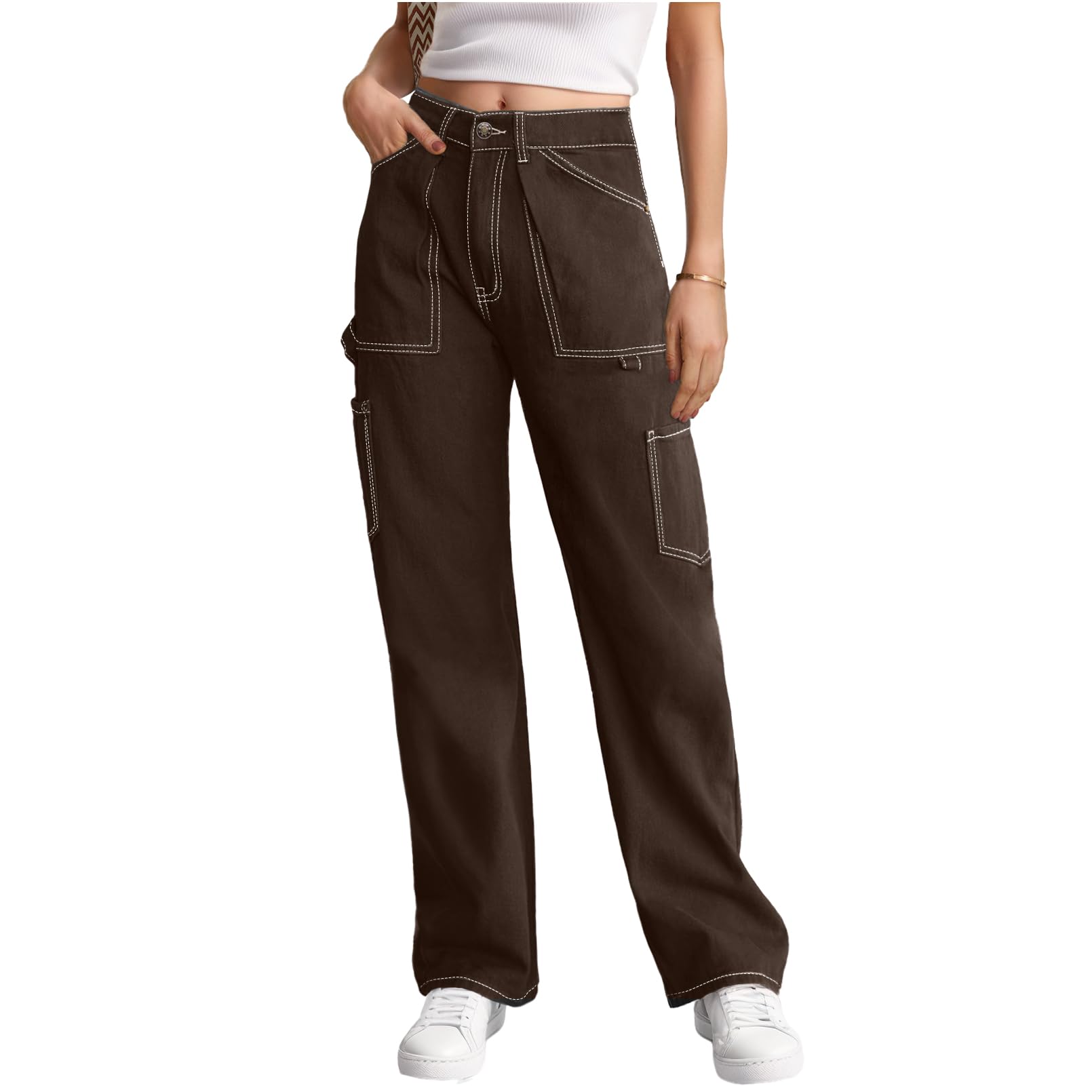 Cargo Pants Women High Waisted Wide Leg Casual Pants Baggy Stretchy Trousers Y2K Streetwear with 6 Pockets