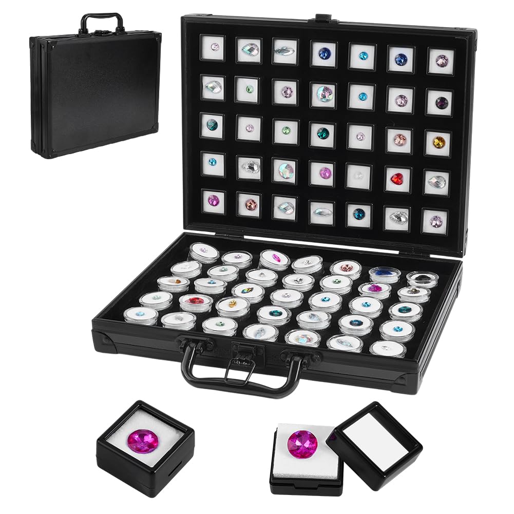 PH PandaHall - Caja de almacenamiento para piedras preciosas con 35 estuches redondos y 35 estuches cuadrados, porta joyas, contenedores de diamantes, caja de almacenamiento de gemas con asa para