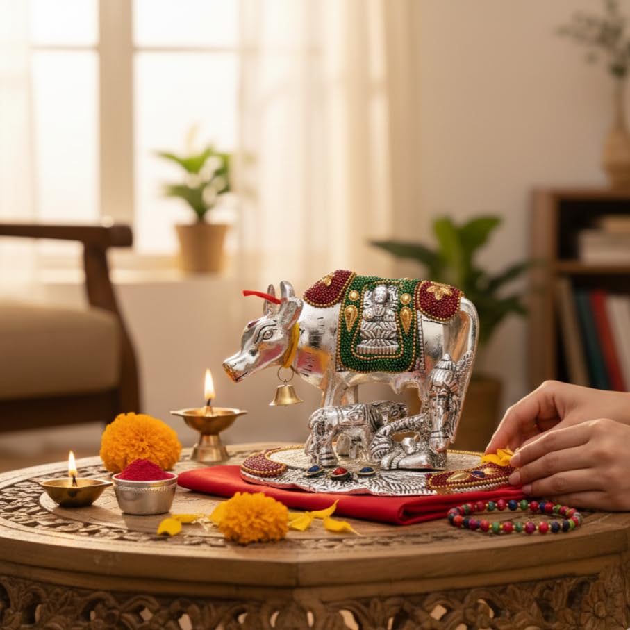 Image of KridayKraft Kamdhenu Cow,Calf with Bal Gopal Krishna Metal Statue for Good Luck,Feng Shui As Table Top Figurine,Vastu,Religious Gau MATA Idol Home,Office&Table Decorative,Animal