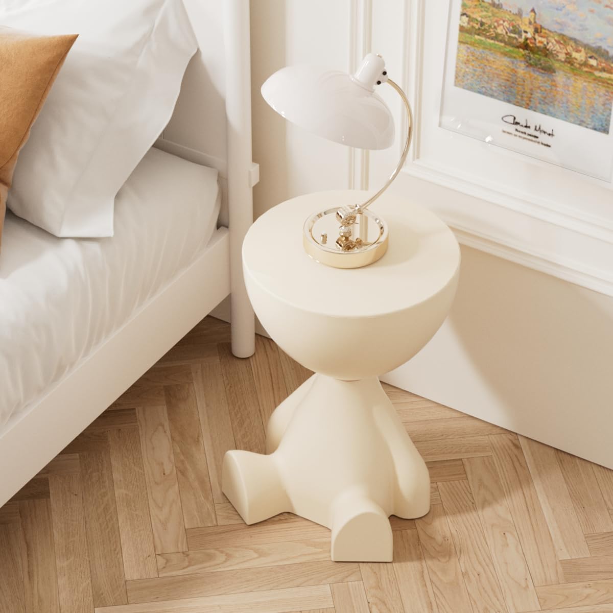 Modern Hourglass Side Table, Mini Round Side Table, Hourglass End Tables, Small Coffee Table, Waterproof PE Construction, Small Round End Tables for Home, Living Room, Bedroom (Milky S)