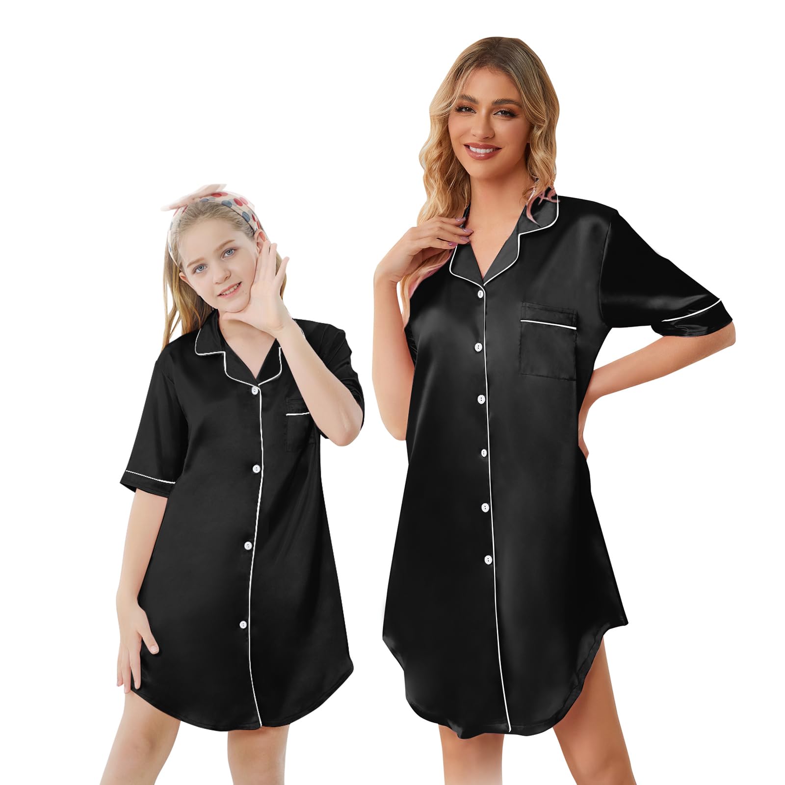 Schbbbta Girls &amp; Women Silk Nightgown, Short Sleeve Button Down Satin Nightshirt Pajama House Dress, 3 Years- Women 2XL