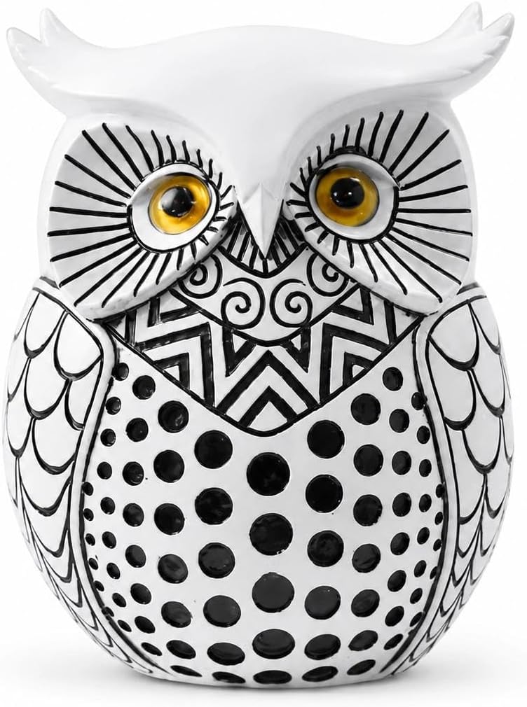 White Owl Figurine, Resin Owl Statue with Black Geometric Pattern, Modern Shelf Decor for Home Office Desk, Bookshelf, Living Room Accent, Owl Lover Gift