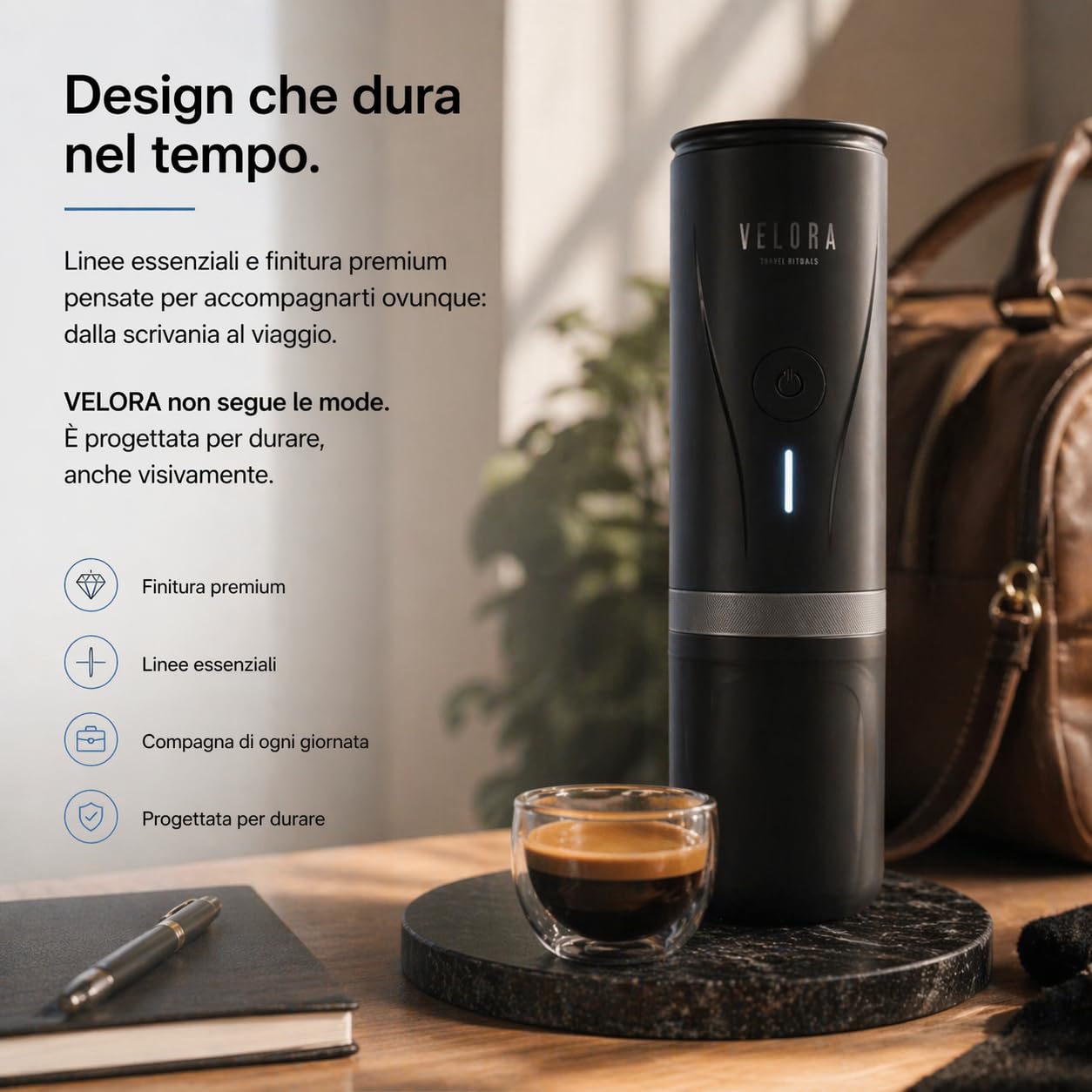 Generico VeloraTravelRitual Macchina Caffè Portatile – Espresso Ovunque, Compatibile Capsule e Macinato, Ricarica USB, Ideale per Auto, Viaggi, Camper e Outdoor