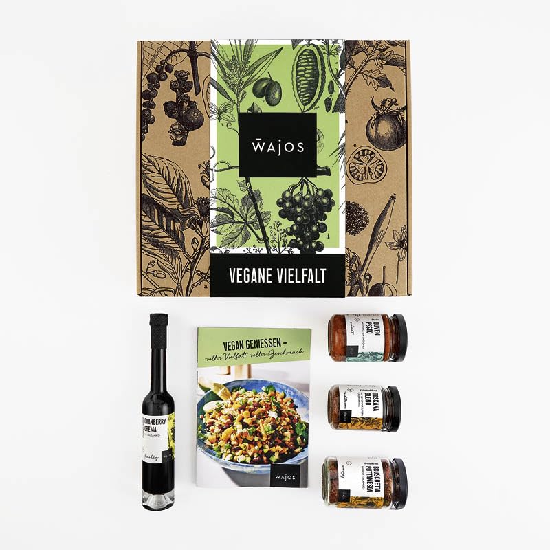 Wajos veganes Geschenkset: 4 vegane Feinkost-Produkte mit Rezeptideen, Geschenk für Veganer...