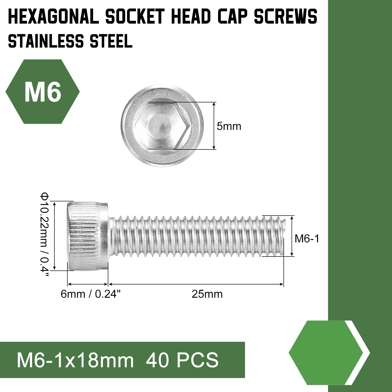 uxcell Hex Socket Bolts (M6-1x25), 304 Stainless Steel Hex Socket Drive Screw, Silver Tone, 40 Pcs, M6-1x25mm - Image 2