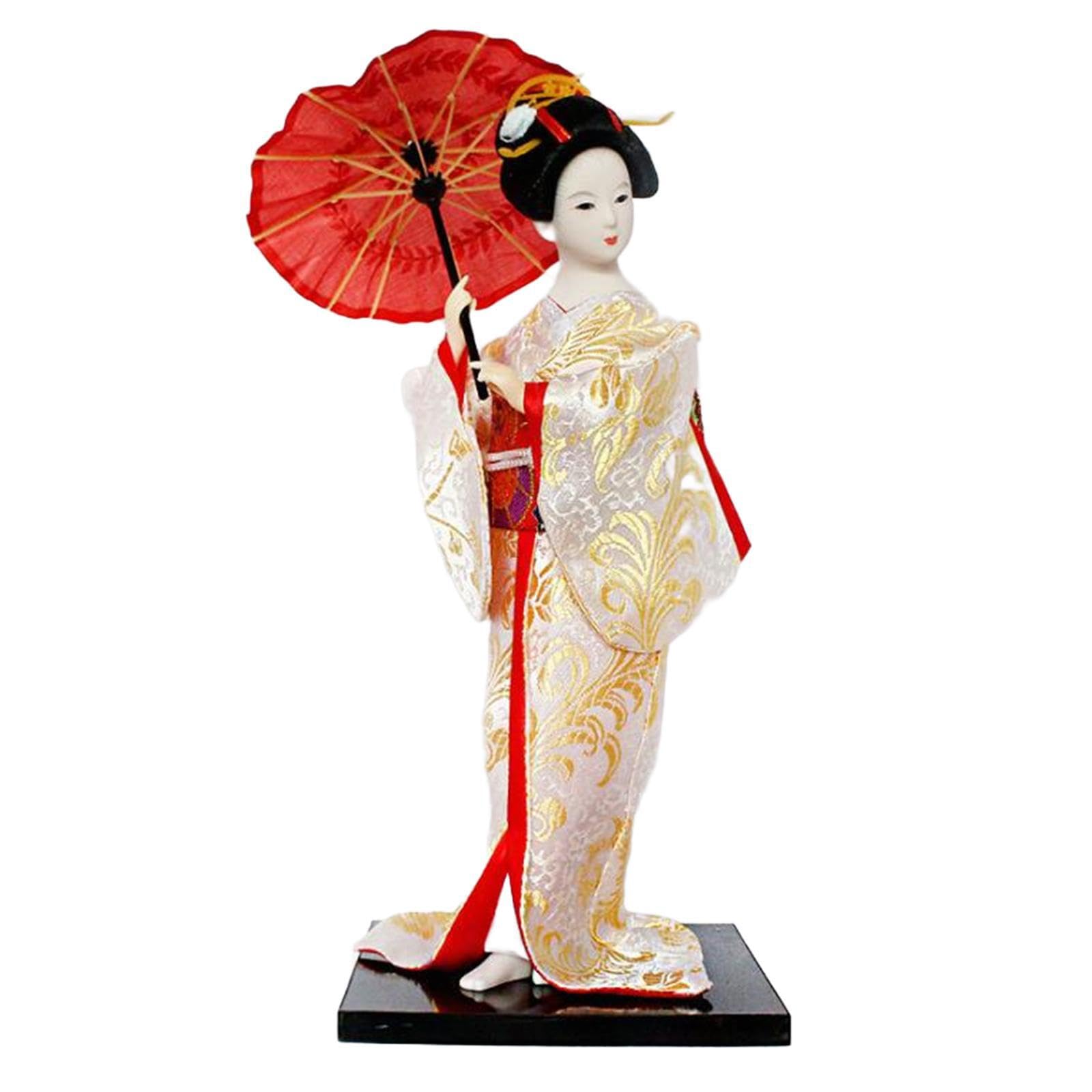 PIXZCSA 12inch Geisha Doll Figurine Intricate Hand Painting Colorful Detail Stylish Home Decor Geisha Doll Statue Is Made Of Resin Ethnic Japanese Dolls, White and Gold, Height 30cm