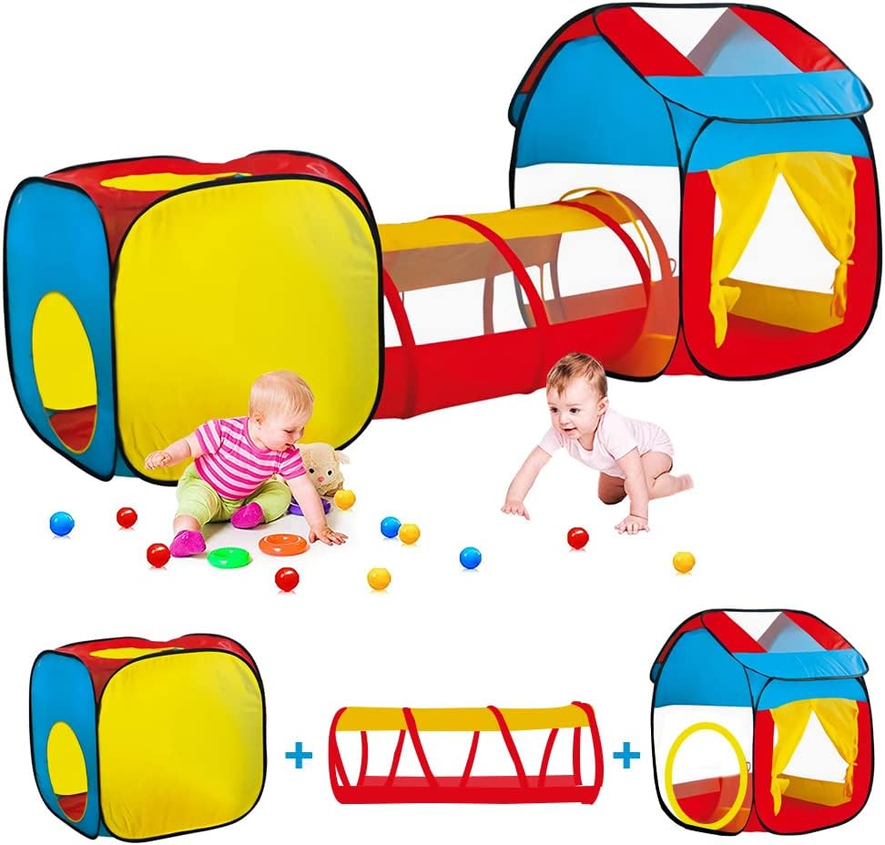 Kids Ball Pits Tent 3 in 1 Kids Play Tent, Folding Children Pop Up Playhouse with 100 Ocean Balls Toy Pool Printed Tent, Portable Kid Crawling Play Tunnel For Boys Girls Birthday Gift Outdoor Indoor
