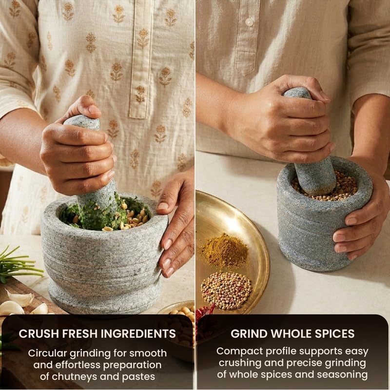 Image of Mortar Pestle for Kitchen | 4 Inch Silbatta for Chutney | Okhli Musal Stone | Traditional Sil Batta Stone | Rolu Rokali for Spice, Herb & Chutney Grinder | Authentic Granite Stone Grinder for Kitchen Set