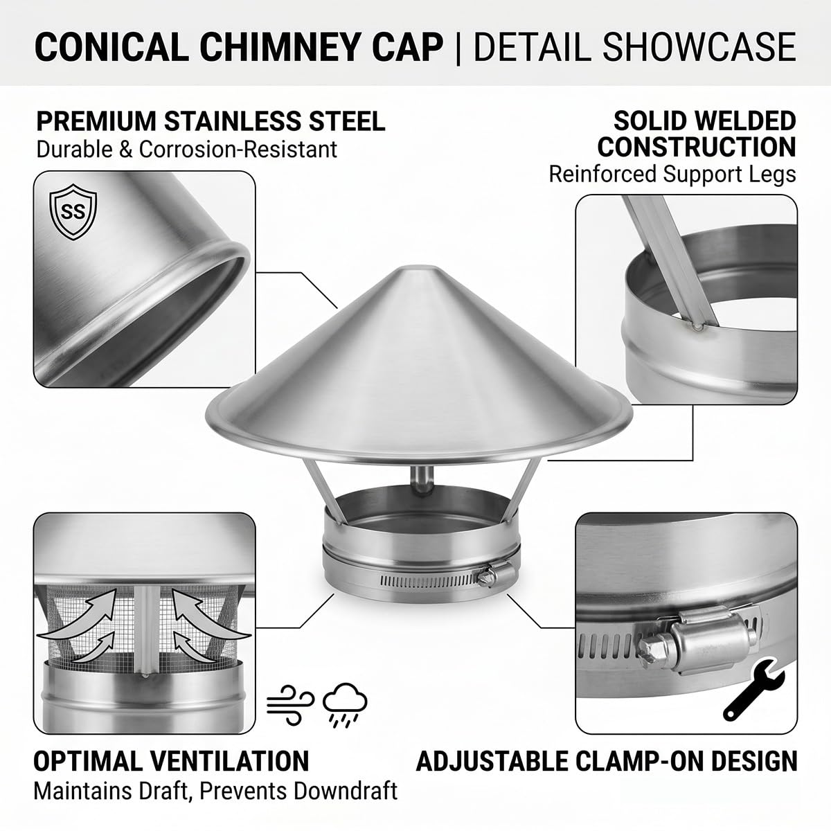 Sombrerete de Chimenea de Acero Inoxidable Tapa Regulable para Tubo Sombrero de Ventilación Techo Caperuza Antiviento Protector Escape Humos Exterior(130mm)