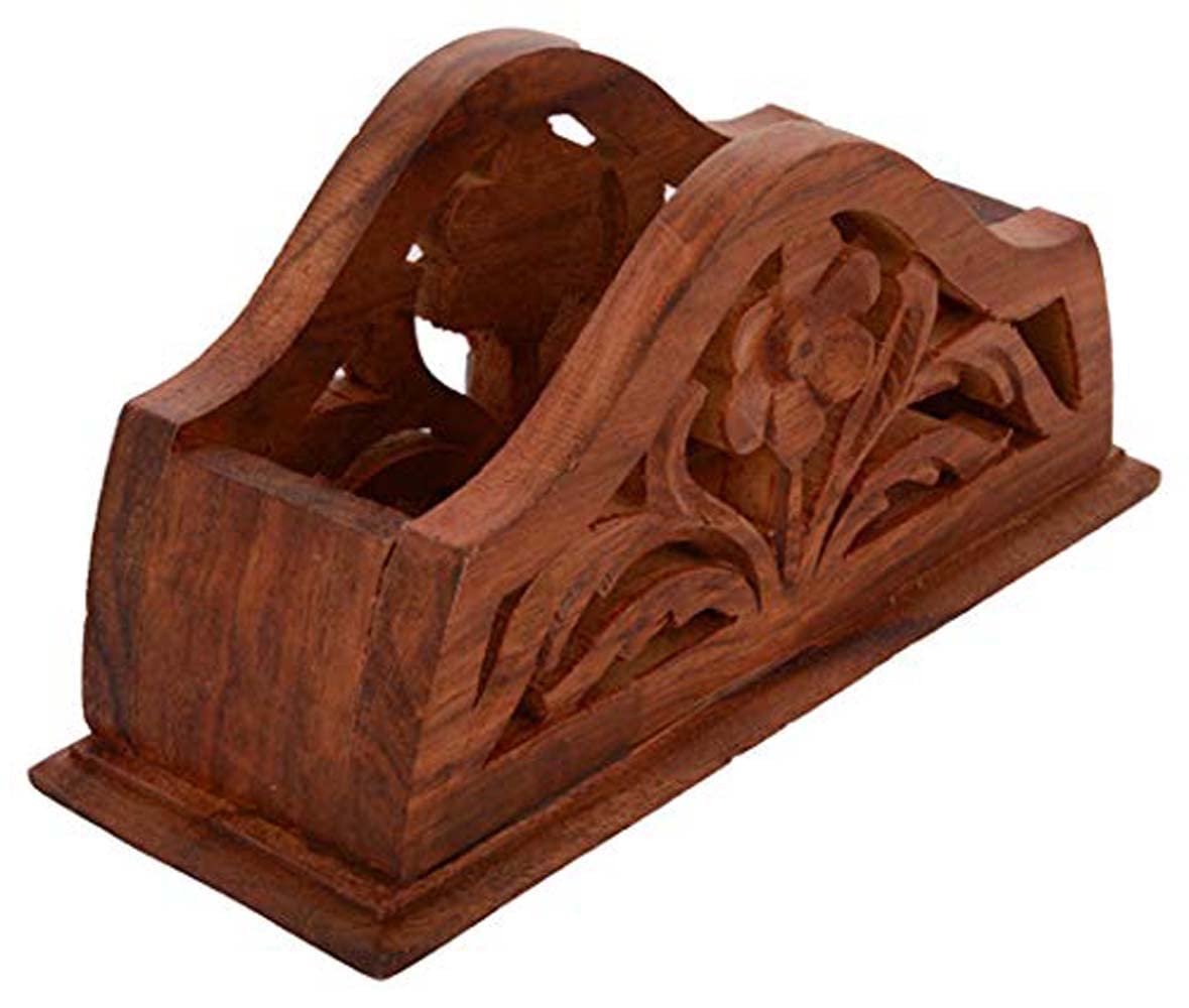 Zyntix Wooden Handmade Tissue Holder, Paper Holder, Multi Holder for Office Use Carved Flower Napkin Holder Tissue Paper Holder for Dining Table Home Paper Napkin Holder Brown 3