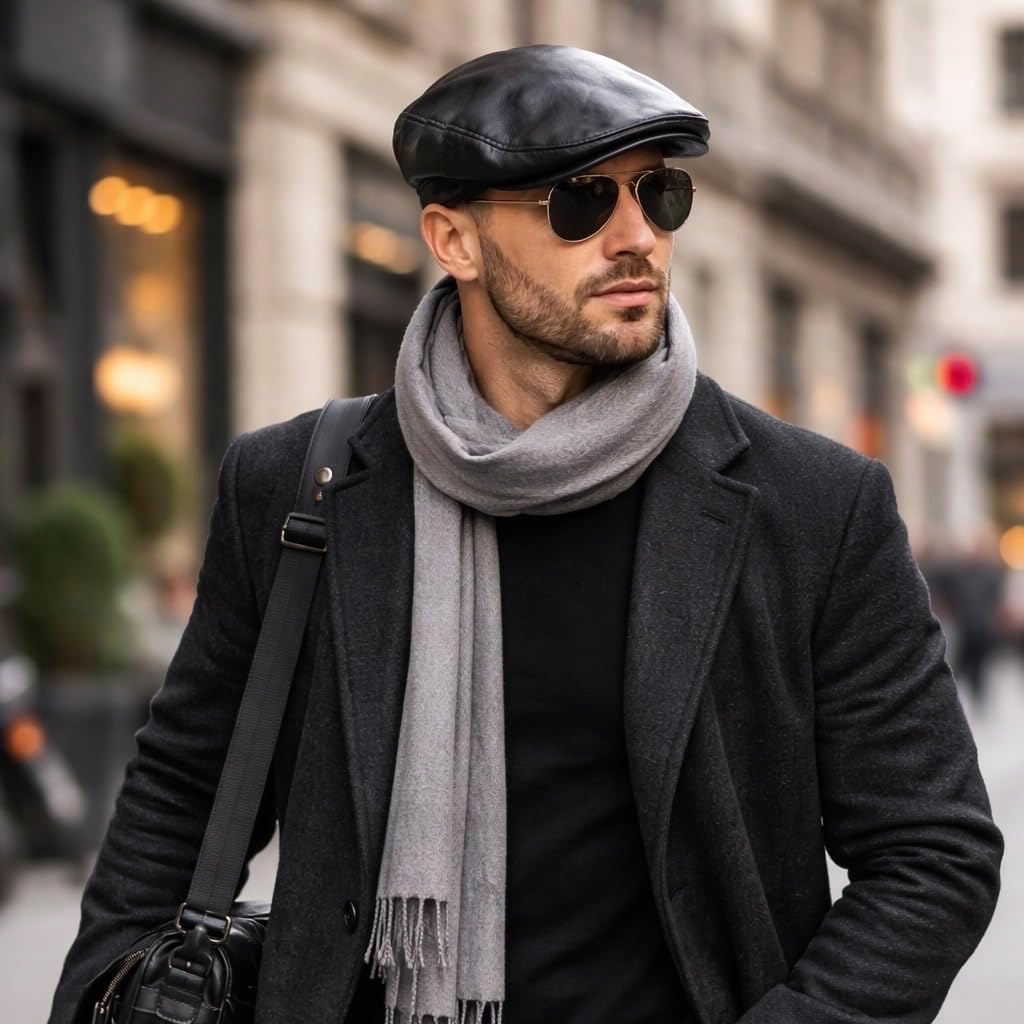 Handmade Men’s Real Leather Newsboy Cap – Vintage Sheepskin Leather Flat Cap, Classic Cabbie Driver Ascot Hat