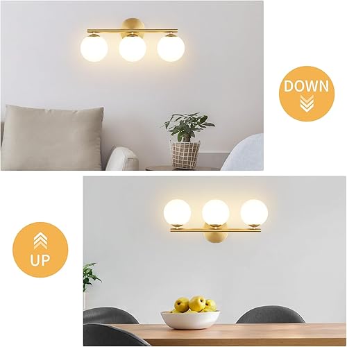 Miniatura 3 de Globe - Lámpara de baño de 3 luces de latón dorado con pantallas de globo blanco leche de plástico, aplique de pared de 11.81 pulgadas, luces de