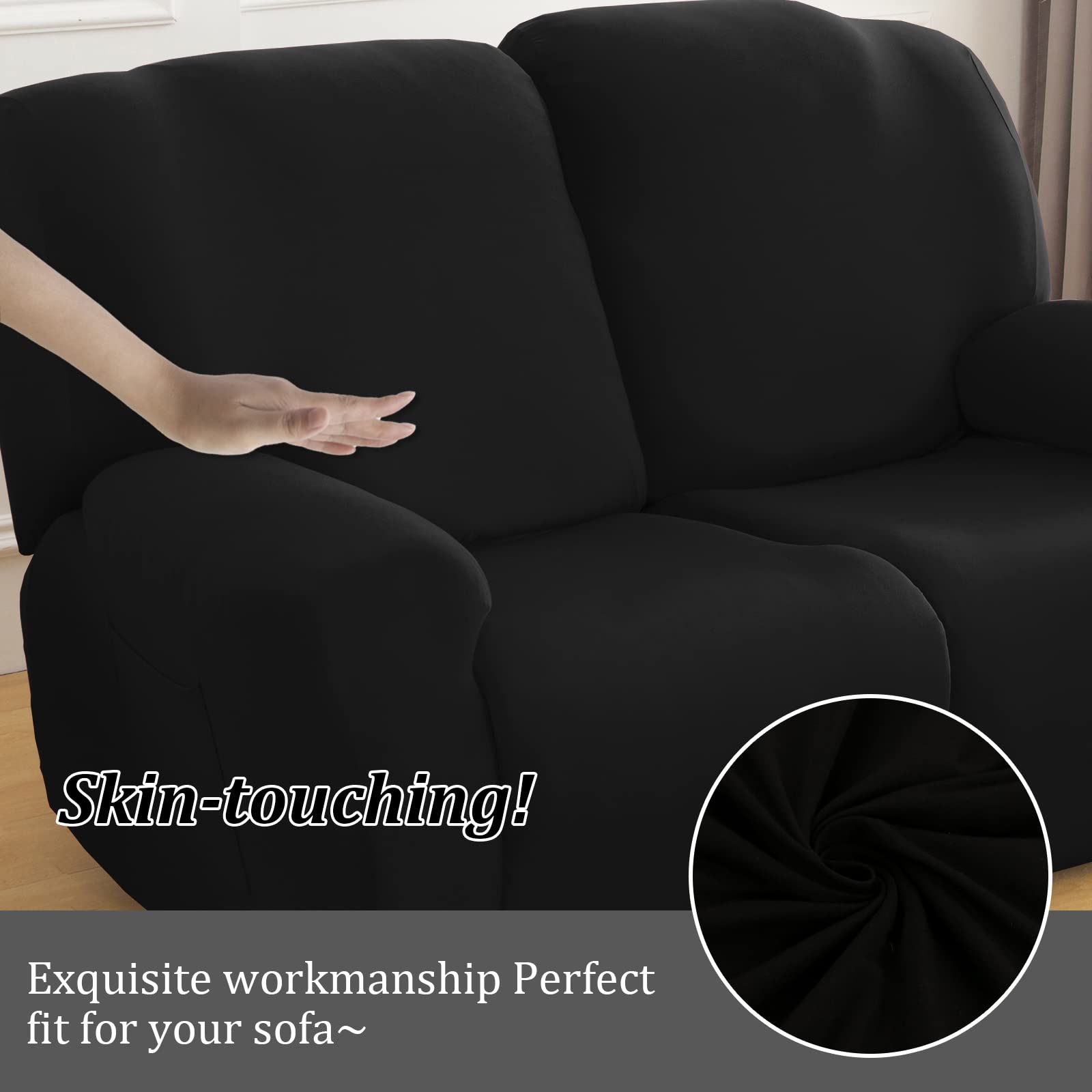 Jaotto Copridivano Relax 2 Posti Reclinabile, Fodere Copripoltrona 1 Posto Relax Universale con Tasche, 6-Pezzi Copridivano Fantasia Lavabile, Coperture per Divano da Massaggio,Nero