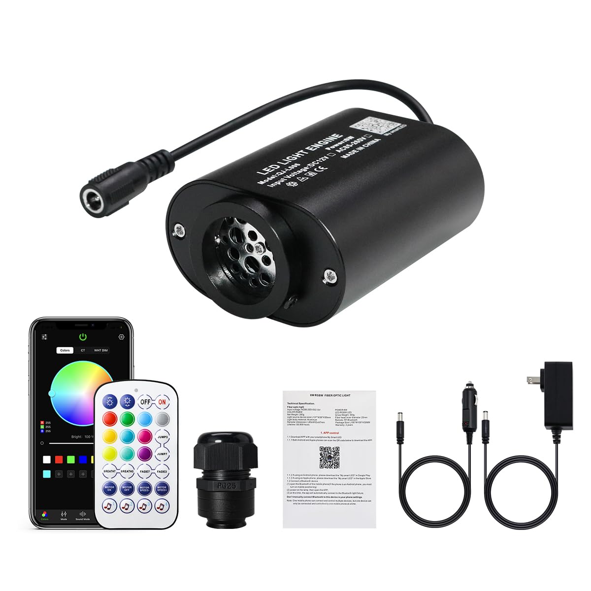 AKEPO Mini Size 6W Twinkle Fiber Optic Light Engine Only, RGBW Bluetooth APP Control + Music Sync + 28-Key Remote Control for Car Home Star Headliner
