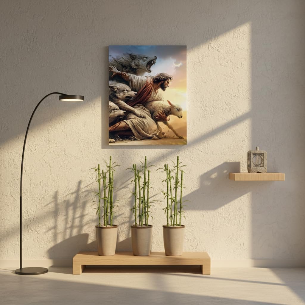 Jesus And Lamb Wall Art Jesus Saves The Lost Lamb Wolf Painting Picture Wall Decor The Shepherd'S Protection Poster Print Artwork t for Living Room Bedroom Church Home Decortion