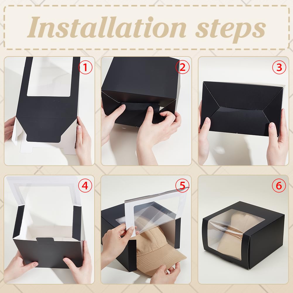 PH PandaHall 10pz Scatole Regalo per Cappelli con Finestra Scatola di Carta con Coperchio, 19.5x19.5x12cm Espositore per Cappelli Nero Regalo per Compleanno Anniversario