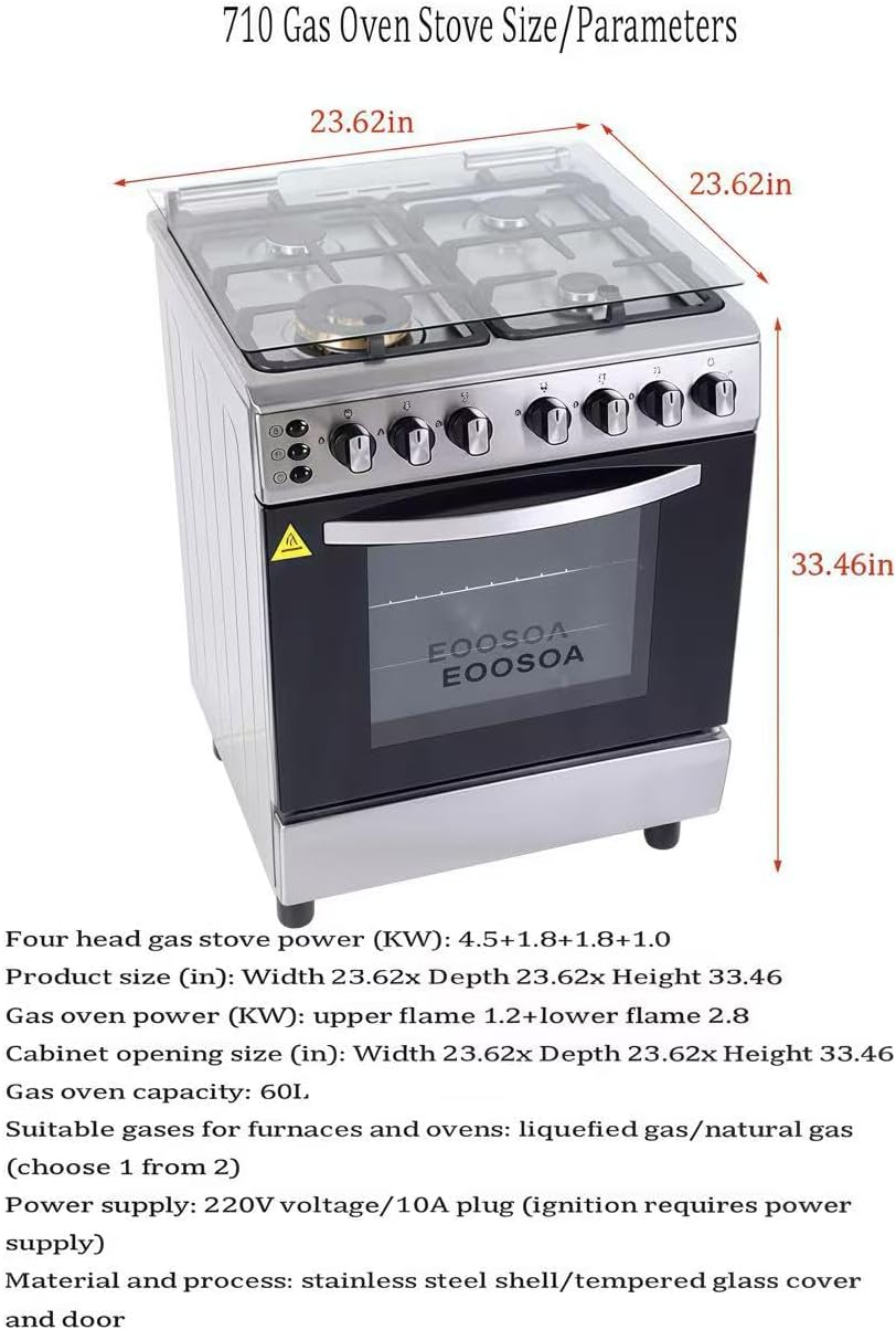 4-Burner Gas Range with Electric Oven, Stainless Steel, 23.62x23.62x33.46 Inch, 60L Capacity, Tempered Glass Cover, 220V