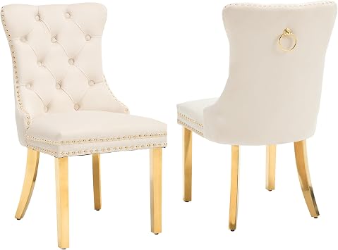 Velvet Dining Chairs Set of 2, High-end Tufted & Nailhead, Beige | Upholstered Seat, Ergonomic Backrest, Pull Ring, Gold Metal Legs, Modern Style for Kitchen, Dining Room