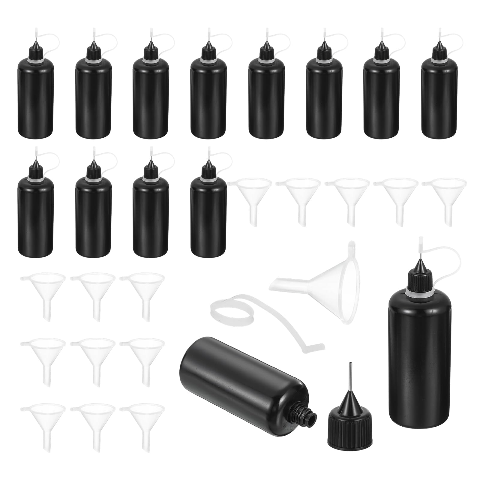 MECCANIXITY 15 flaconi da spremere con punta ad ago, 100 ml, in plastica, per colla liquida, lavori con carta, pittura, olio, inchiostro (nero, con 15 imbuti)
