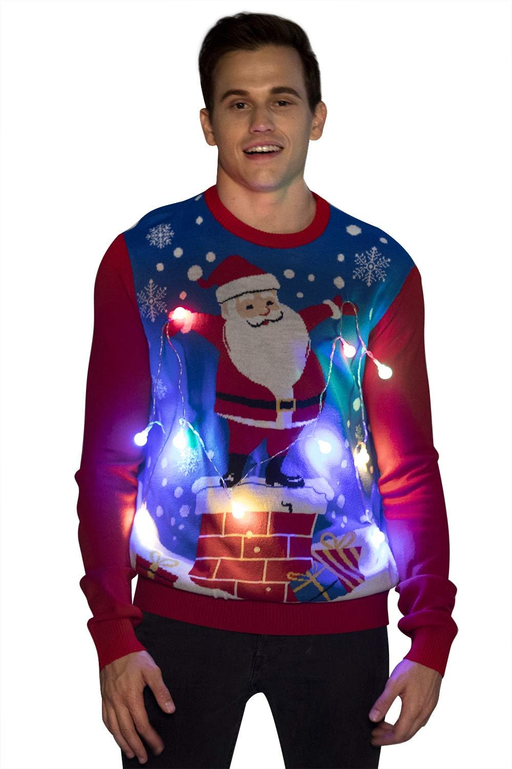 LED Ugly Christmas Sweater for Men, Unisex Women Xmas Pullover with Light for Party Festive Santa Holding The Led Lights Medium - Image 3