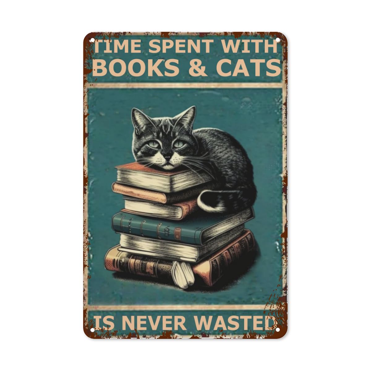 Retro Cat Wall Decor Funny Coffee Bar & Bathroom Sign, Black Cat Metal Tin Art, Time Spent with Books Cats Is Never Wasted - Perfect Gifts for Cat Lovers, Boho & Hippie Garden Decor, 8x12 Inches
