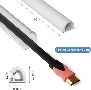 1m White Cable Trunking - 14 x 10mm Flexible PVC Cable Conduit for 1 Cord, Self-Adhesive Wire Hider for Wall & Floor, D-shape Wire Covers TV Cable Raceway
