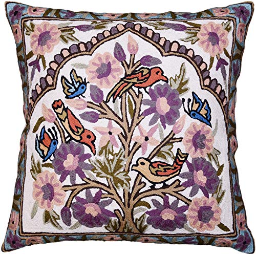 Kashmir Designs Funda de almohada floral de árbol de la vida, con bordado a mano, diseño floral de Suzani único, funda de cojín bordada de lana, tamaño – 45,7 x 45,7 cm (pájaros de lavanda)