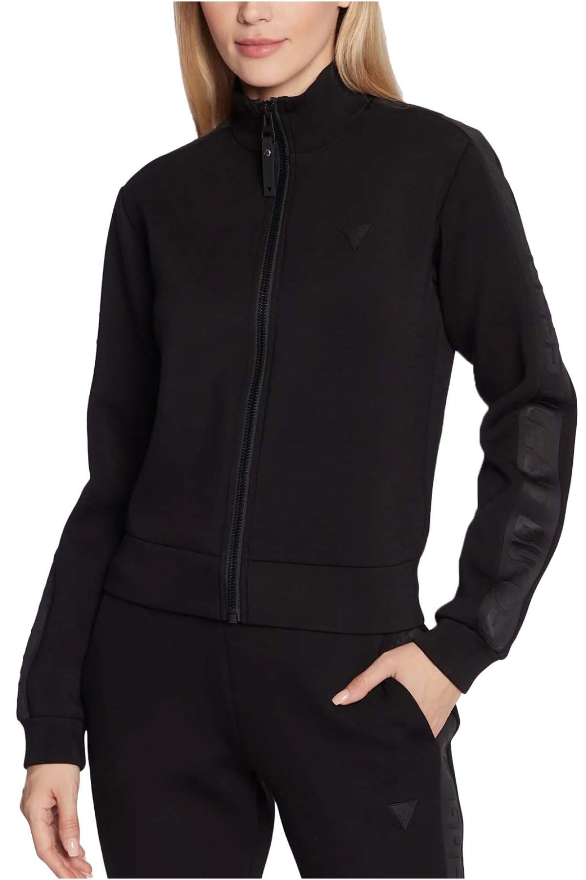 Guess Women's Jet Black Hooded Sweatshirt Active New Allie Scuba Zip Sweatshirt V2yq17k7uw2, Black, S
