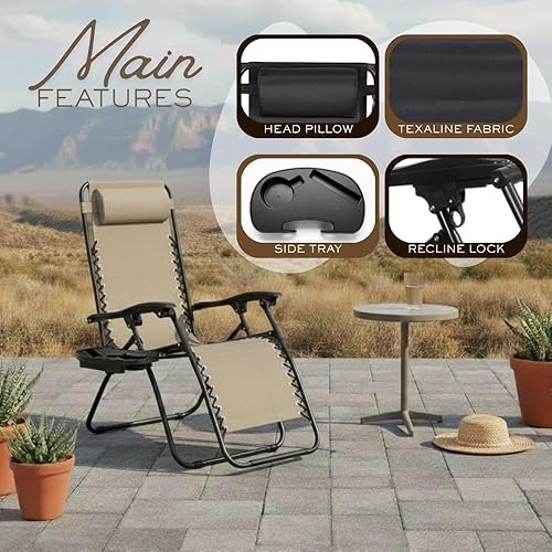 Miniatura 5 de Sillón ajustable de gravedad cero con tela de malla de acero: silla de césped reclinable con almohada cómoda, bandeja portavasos, y posiciones