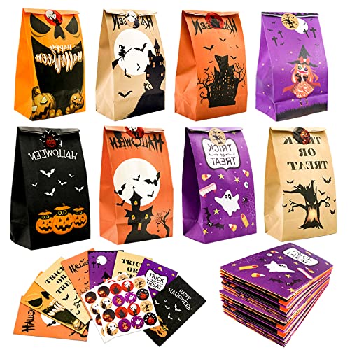 Halloween Treat Bags Party Favors, trick or treat bags, 48 Pcs Halloween Candy Bags with Stickers, gift bag,Mini Paper Gift Bags for Treats Snacks, Halloween Goodie Bags Party Supplies