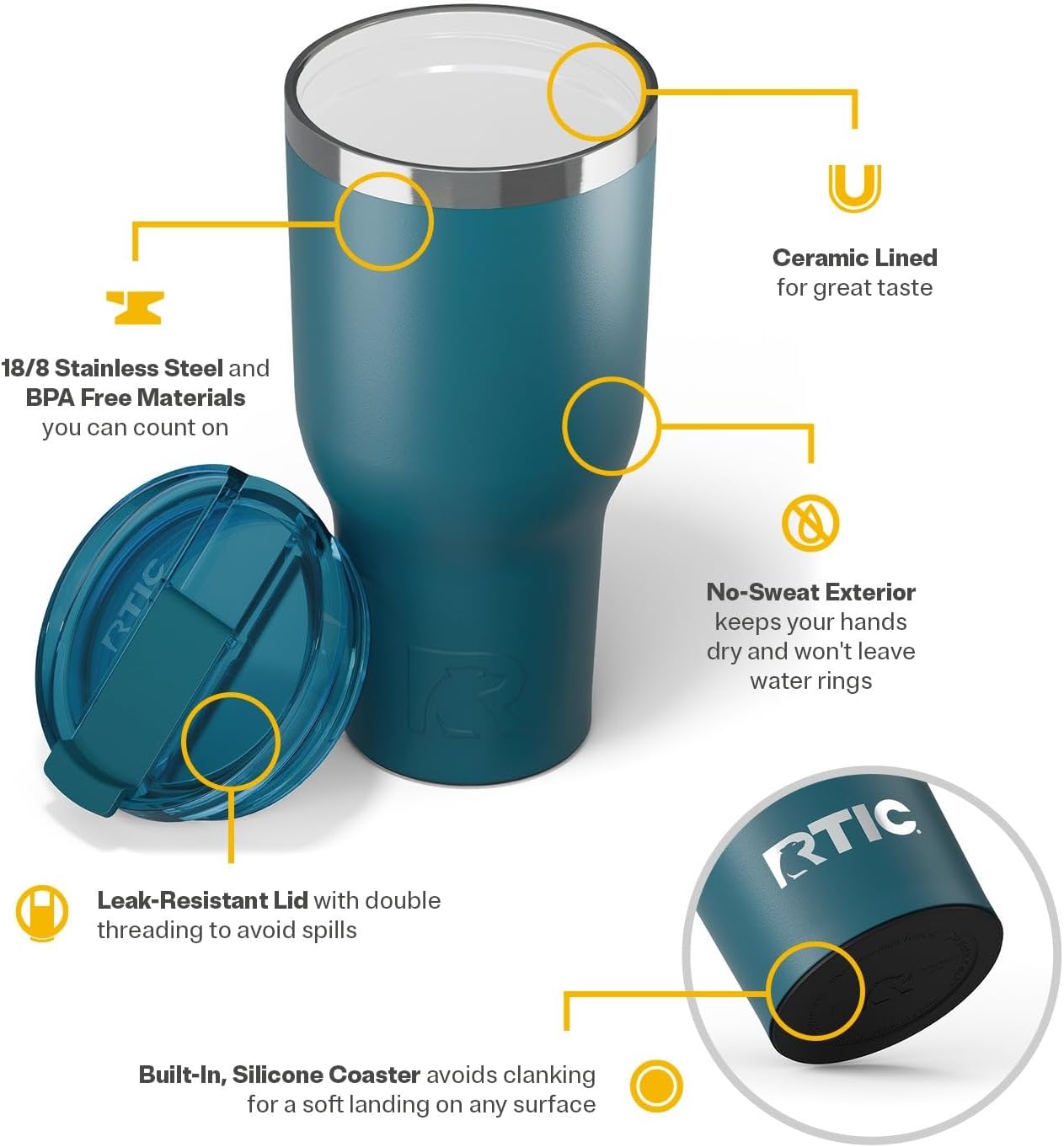 RTIC 40oz Essential Tumbler with Lid, Ceramic Lined, Insulated, Stainless Steel, Metal, Double Wall Vacuum-Insulation, Travel Cup for Iced Coffee, Tea, Hot and Cold Drink, Marine - Image 4